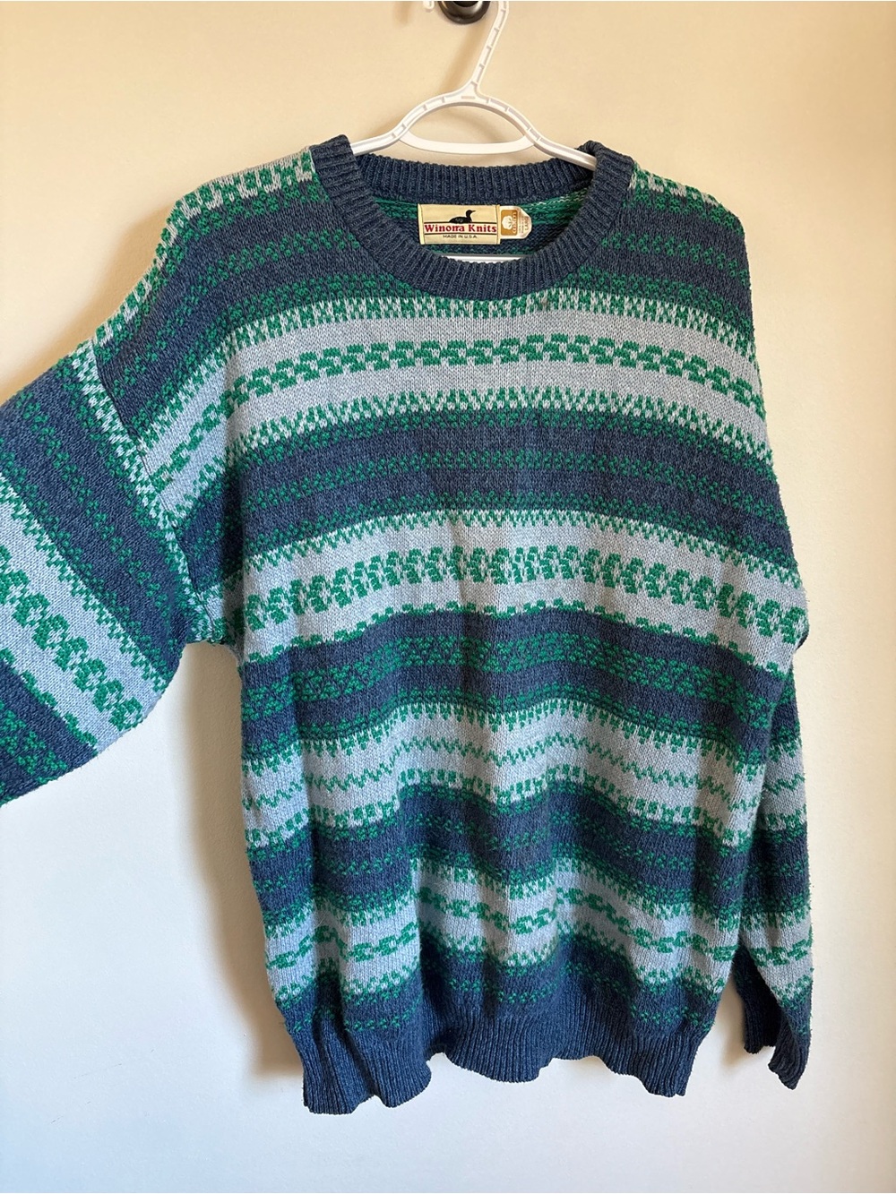 Vintage Striped Crewneck Sweater Size Large, 100% Cotton Green and Blue